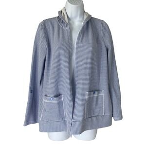 Talbots Womens Blue White Striped Hooded Cardigan Jacket Sz L P Maritime Beach